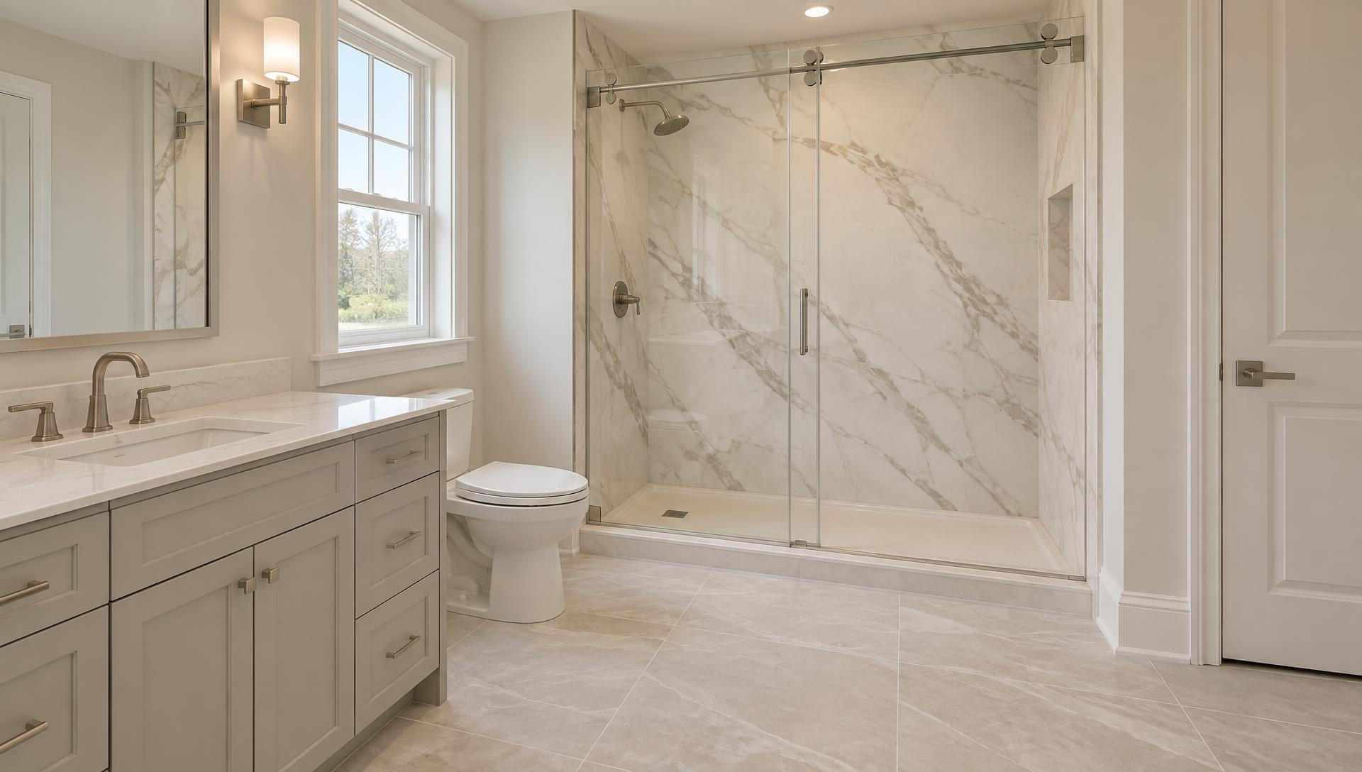 Full bathroom view with seamless acrylic shower walls, sliding glass door, vanity, toilet, and window