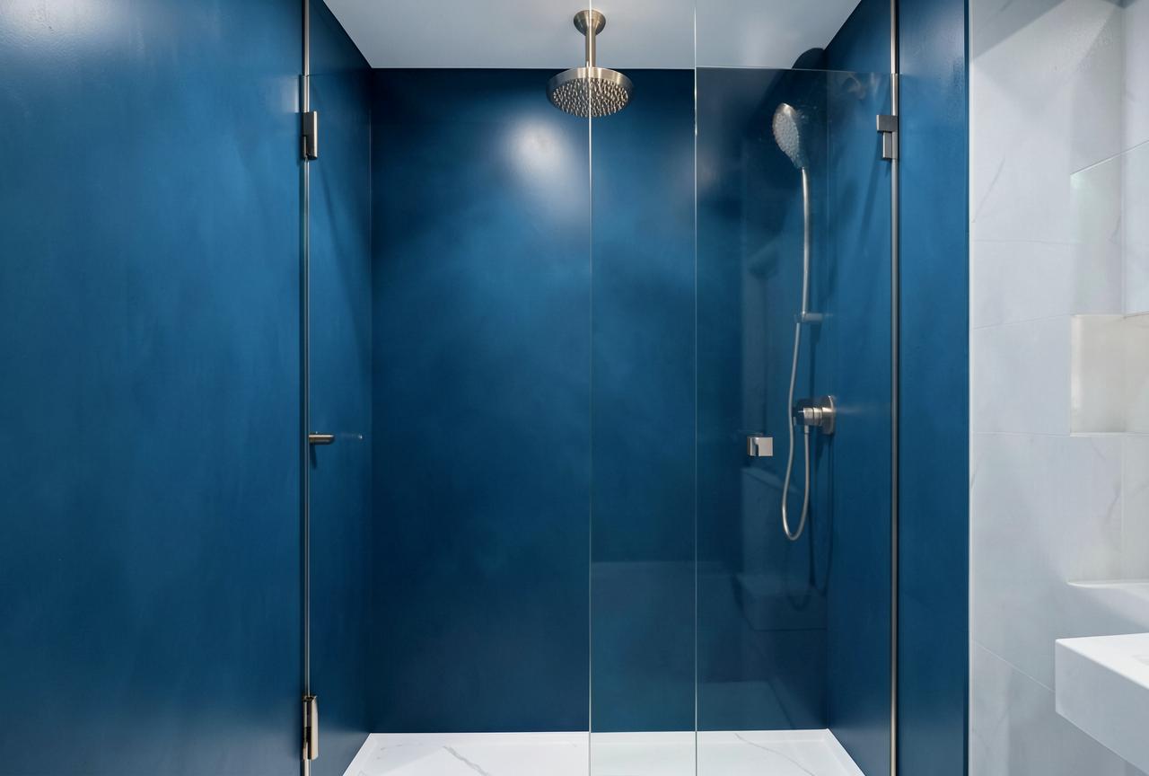Walk-in shower with deep ocean blue seamless acrylic wall panels and brushed nickel fixtures