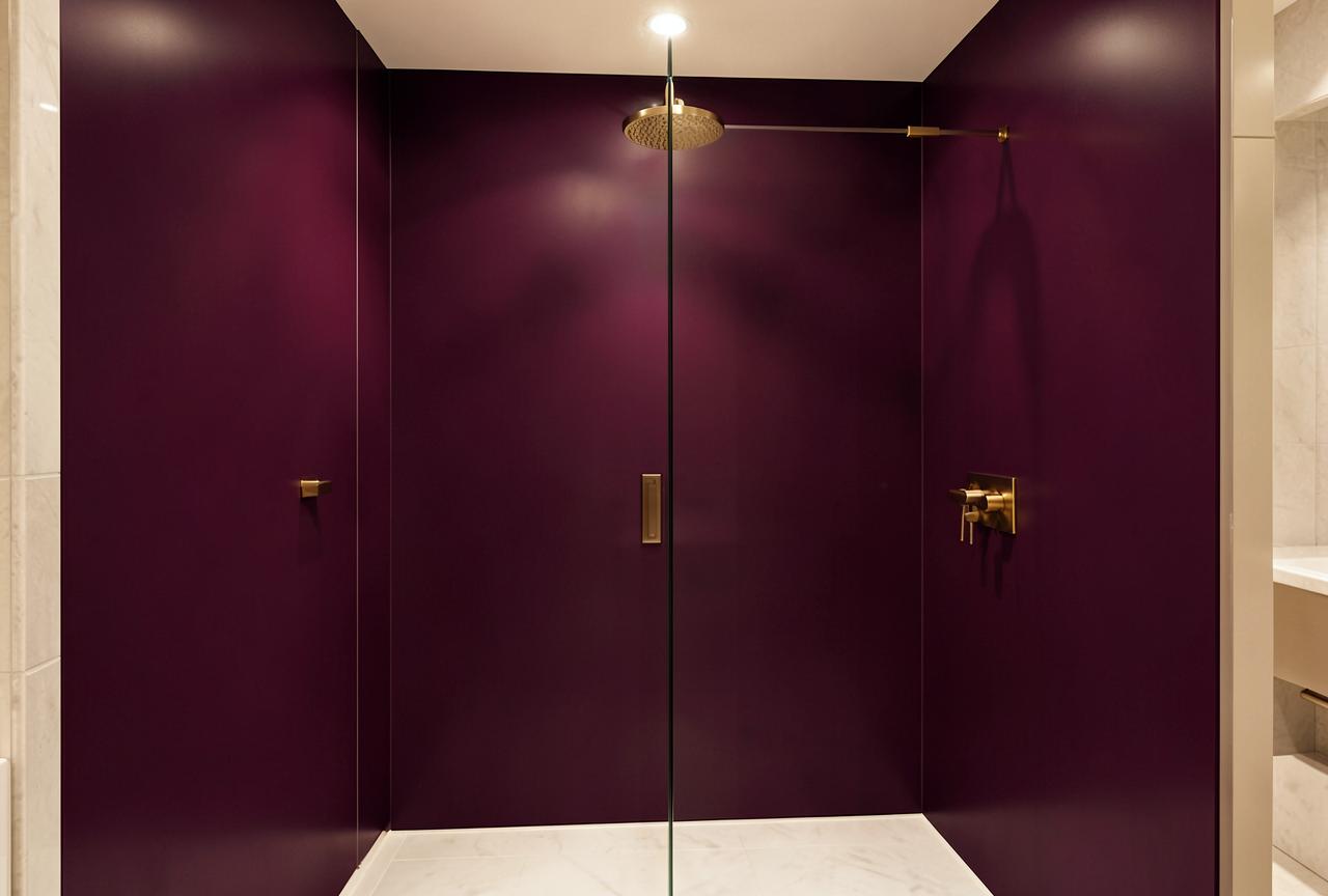 Walk-in shower with deep plum seamless acrylic wall panels and brass fixtures