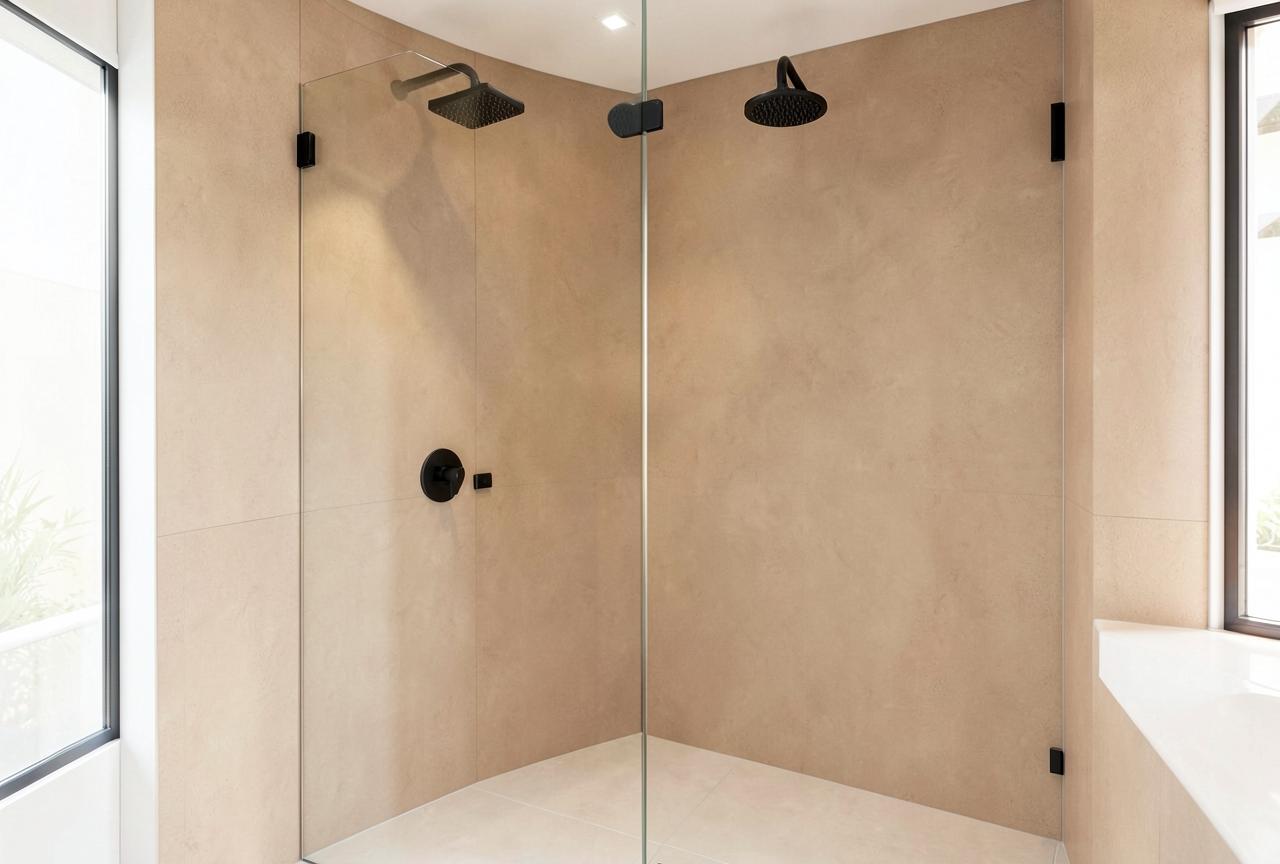 Walk-in shower with warm sand seamless acrylic wall panels and matte black fixtures