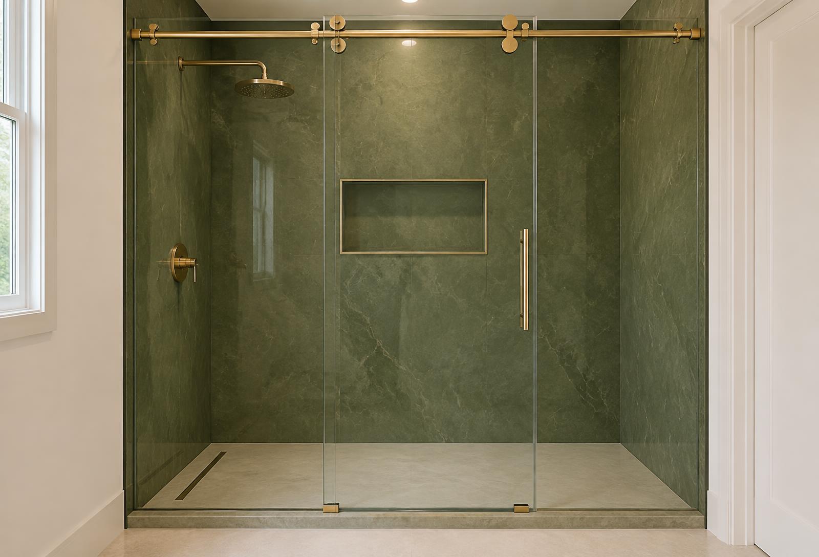 Walk-in shower with moss green seamless acrylic walls and brass sliding glass door