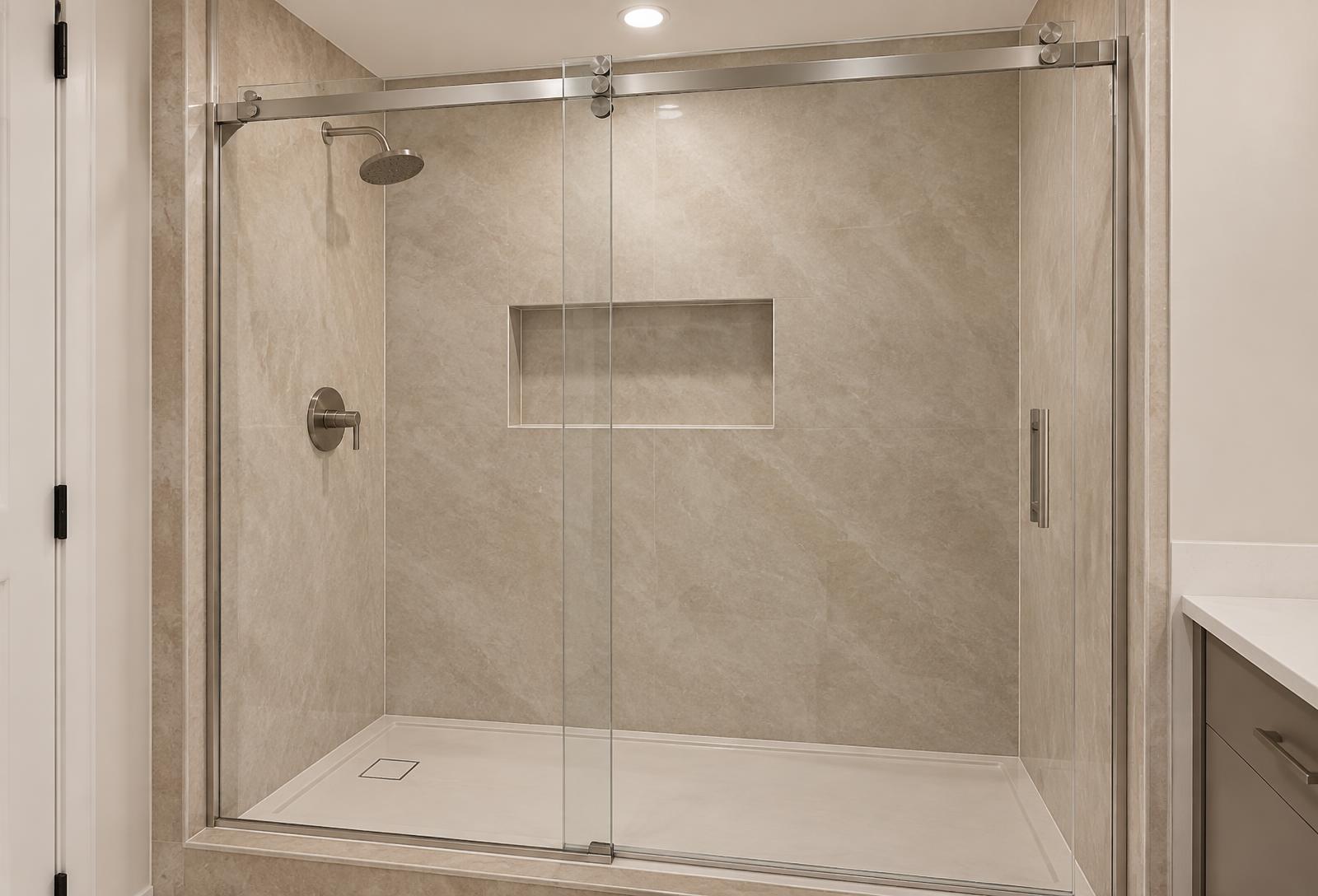 Walk-in shower with warm taupe seamless acrylic walls and brushed nickel sliding glass door