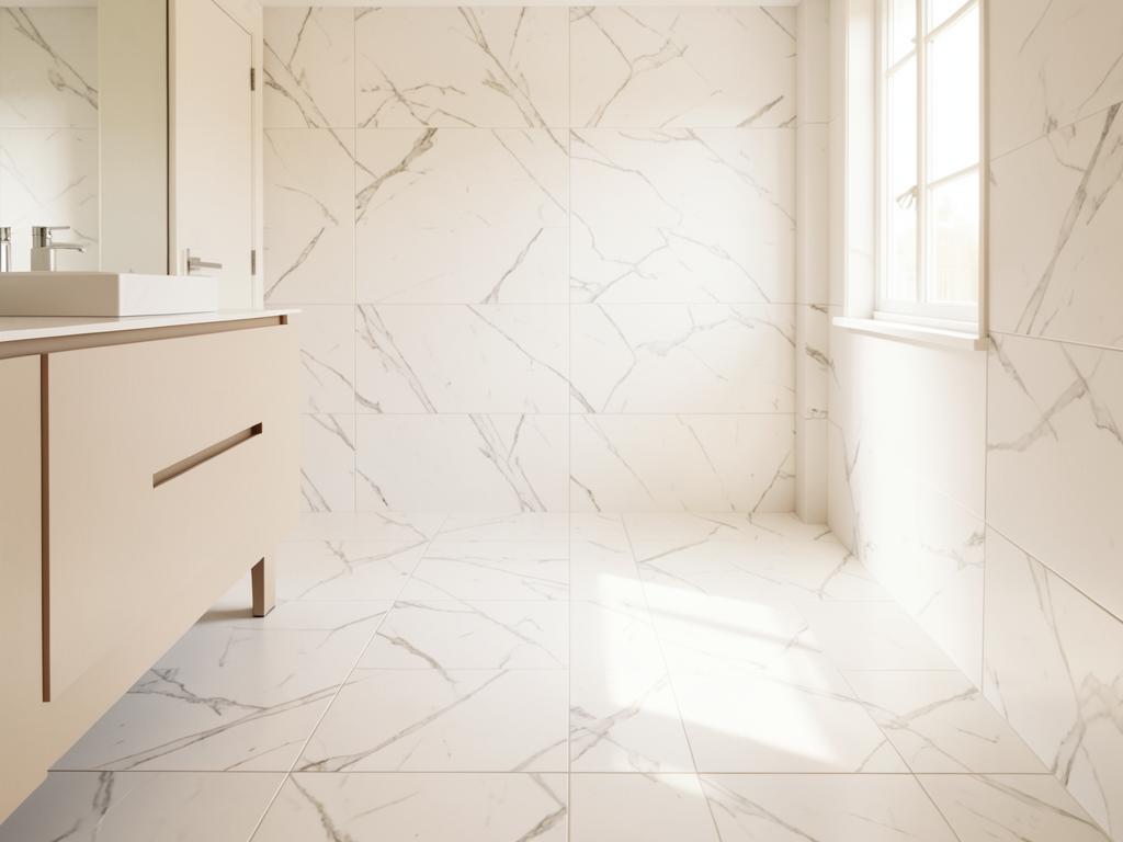 Bathroom with white Carrara marble-look tile flooring
