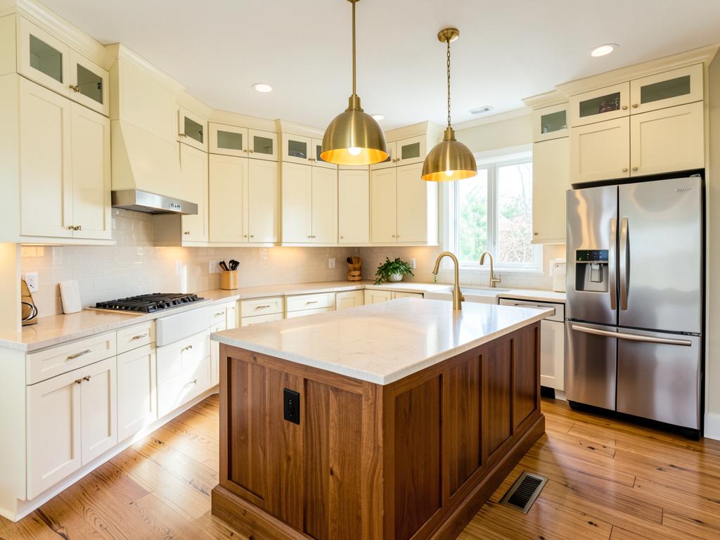 Renovated kitchen with stone countertops and warm cabinetry