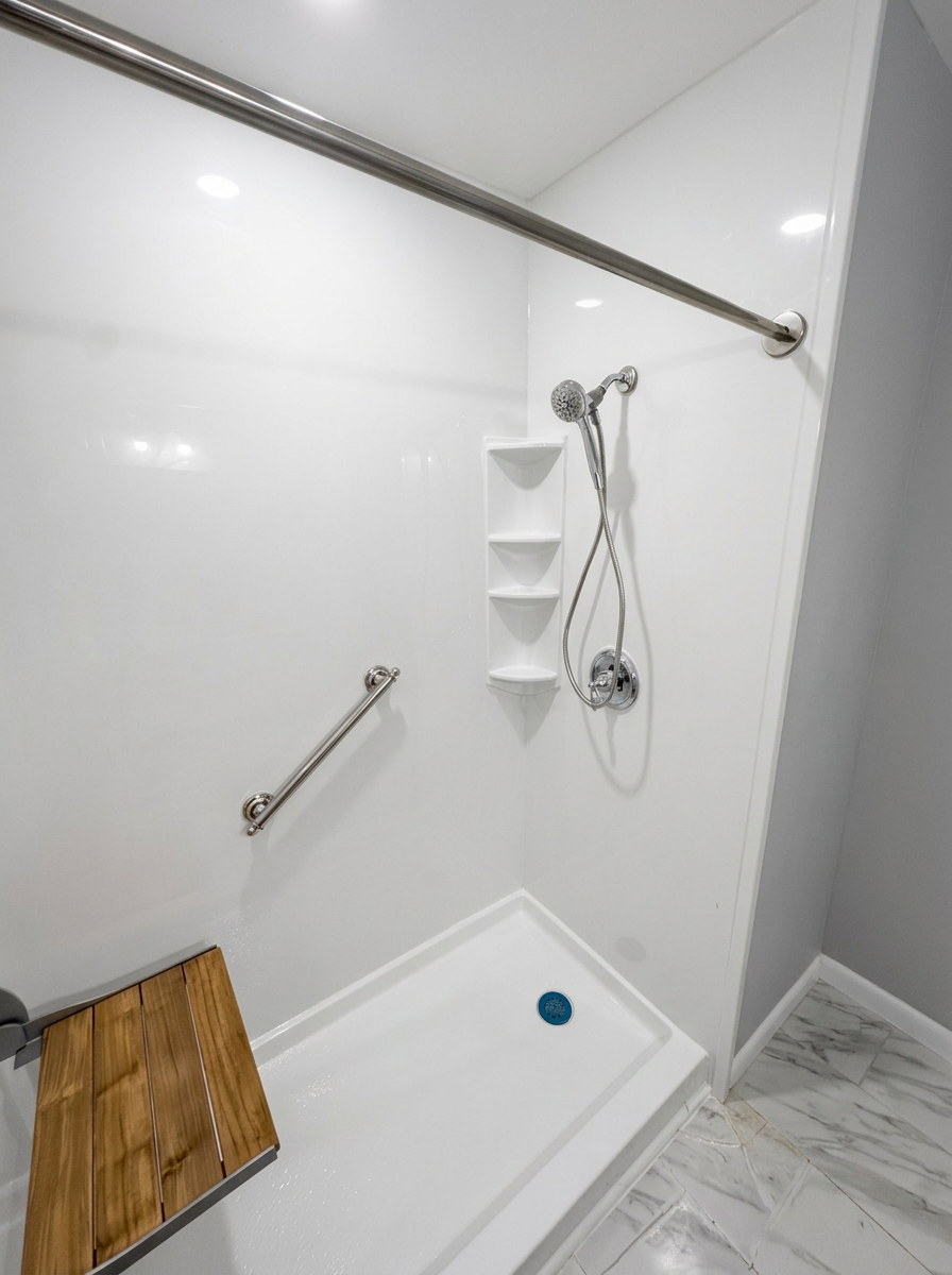 Completed accessible white shower with seamless walls, handheld shower, grab bars, corner shelves, and fold-down wood seat