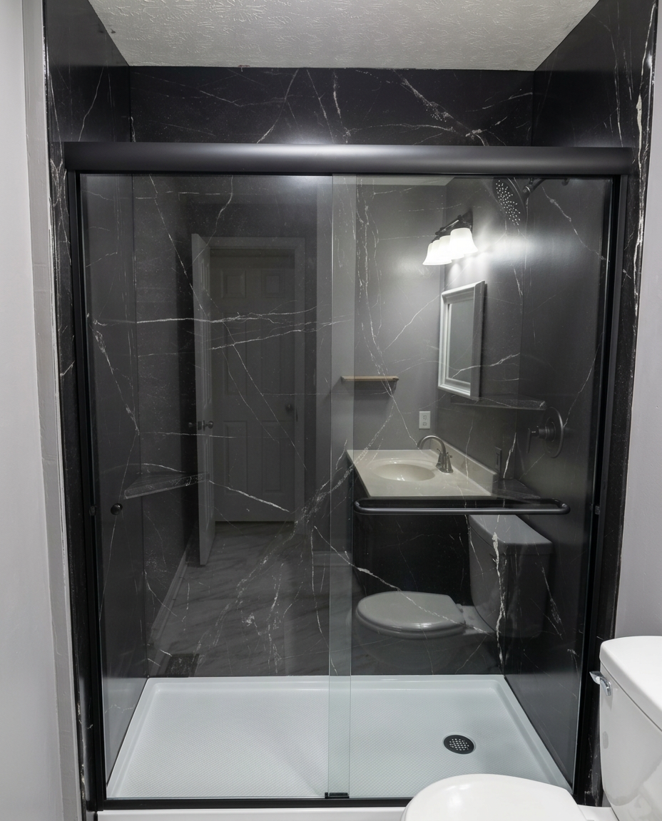 Completed black marble-look shower with fine white veining, black-framed sliding glass door, and white shower base