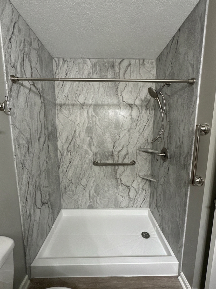 Completed gray marble-look shower with brushed-nickel handheld shower, grab bar, corner shelves, and white shower base