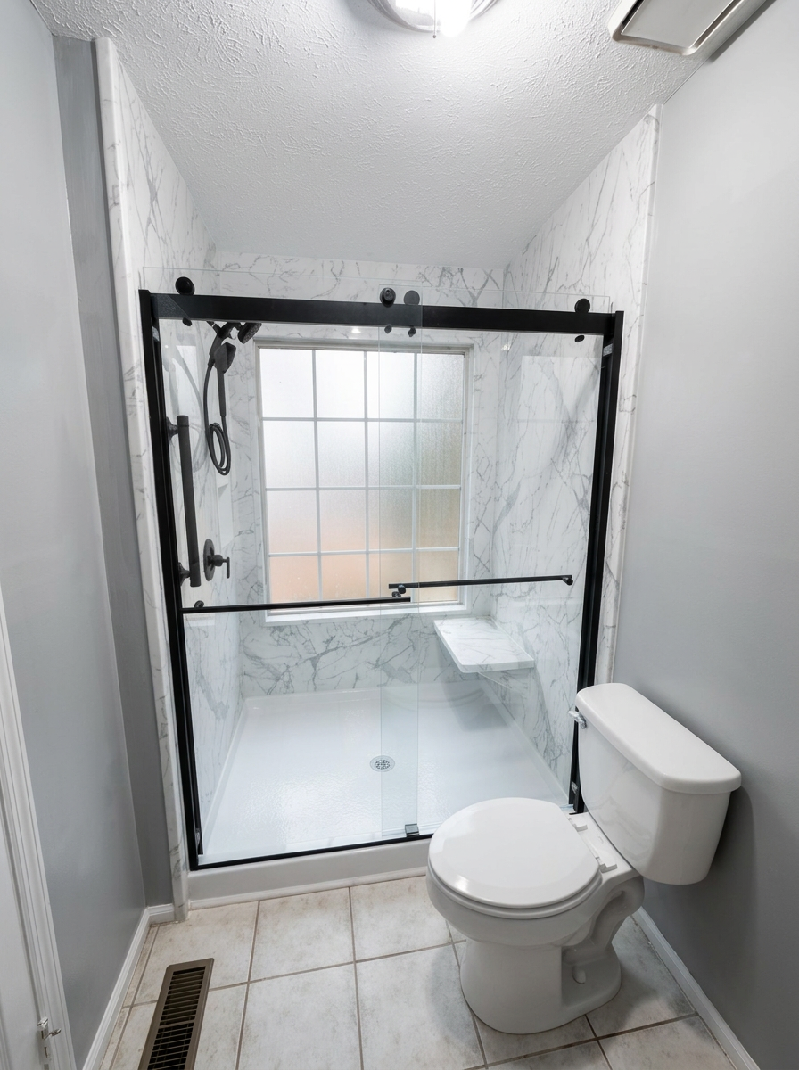 Completed marble-look shower with black-framed sliding glass door, frosted window, and corner seat