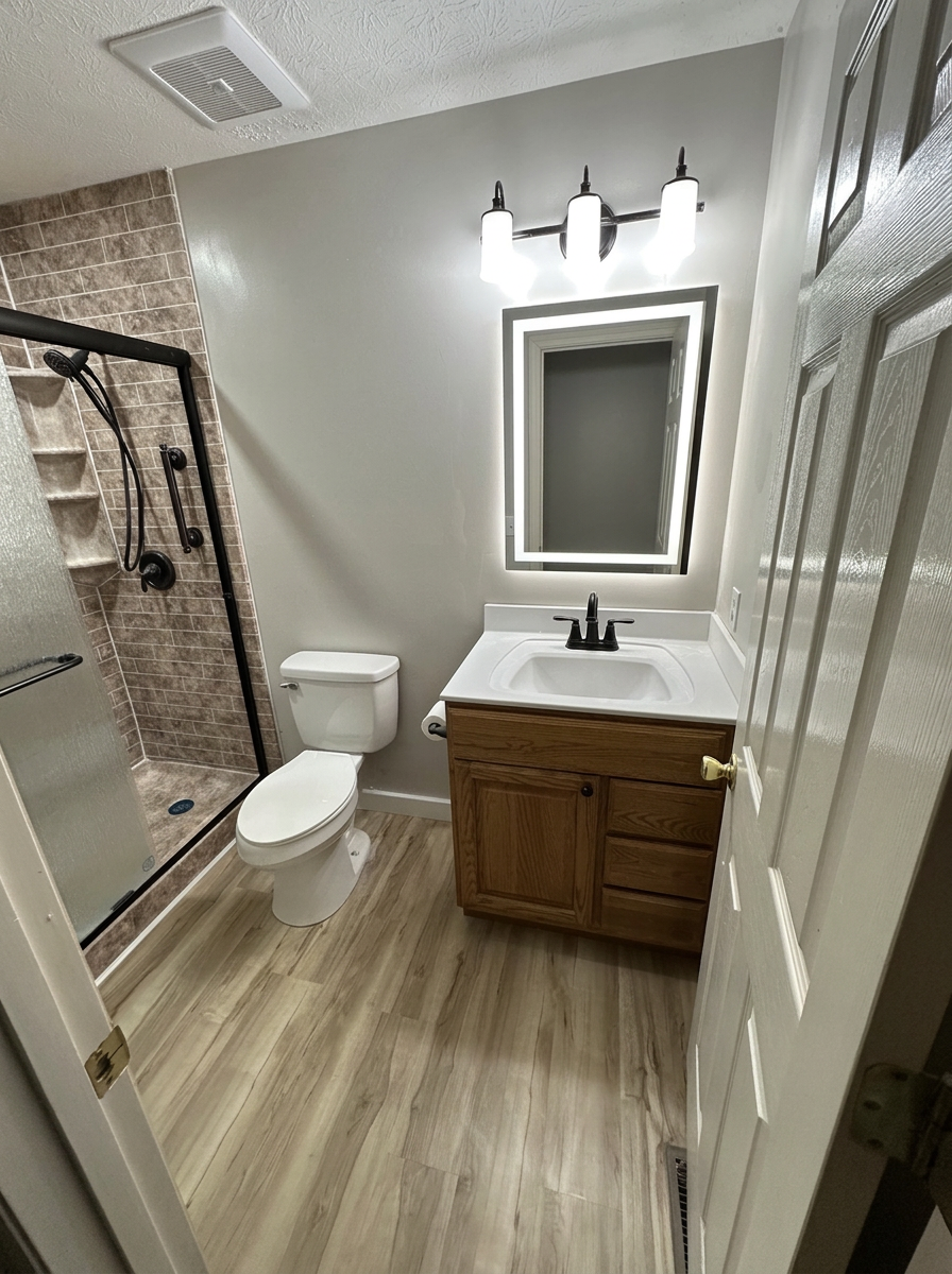 Completed warm stone-look shower and bathroom with black fixtures, illuminated mirror, wood vanity, and light flooring