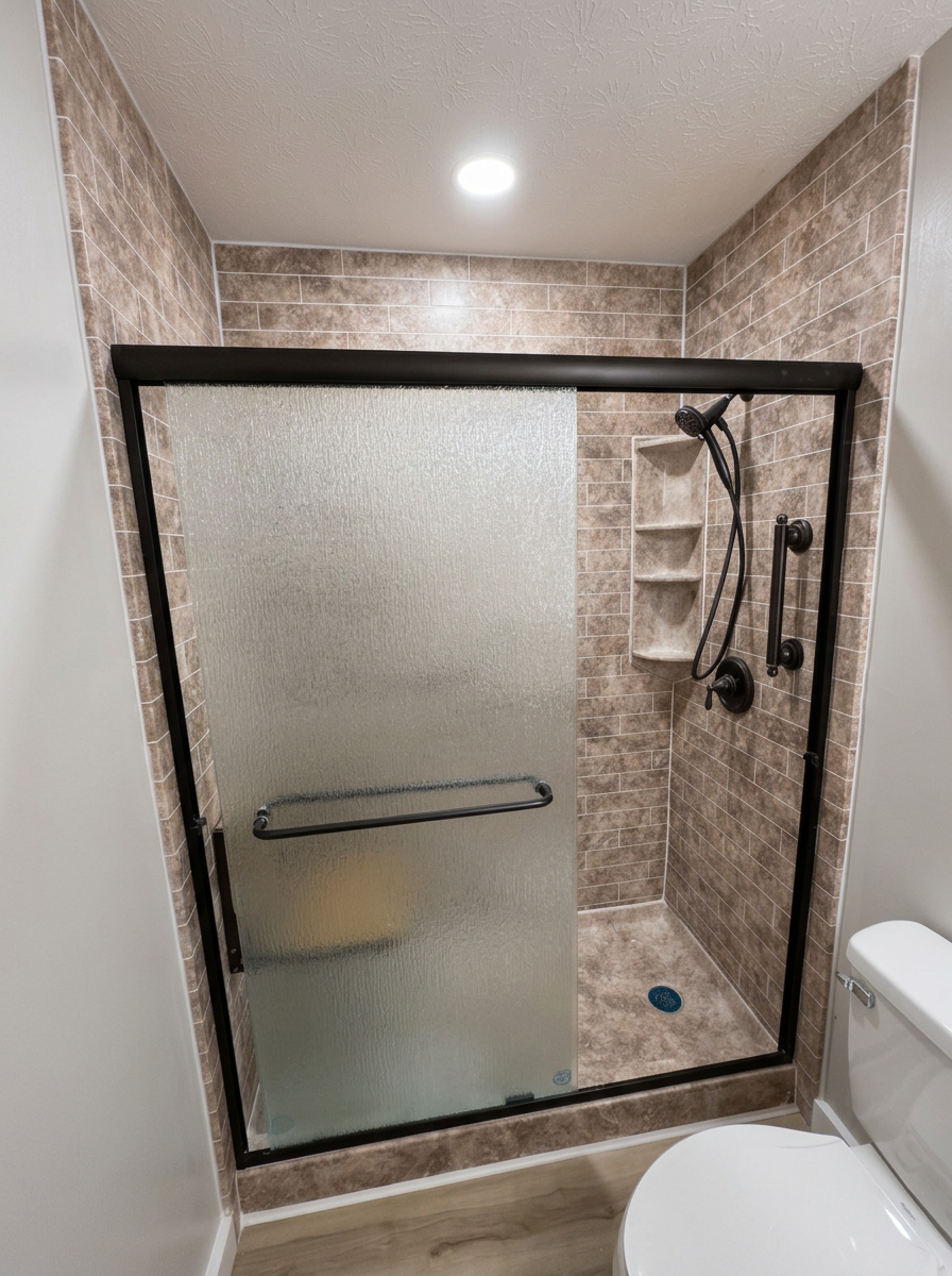 Completed warm stone-look shower with integrated shelves and black-framed textured-glass sliding door